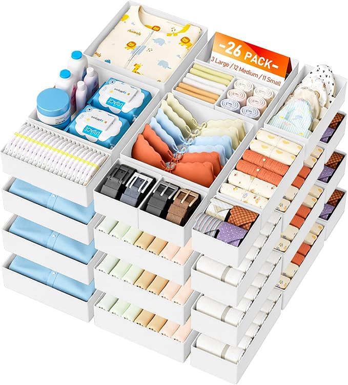 DIMJ Drawer Organizer Clothes 26 Pack - Foldable Baby Organizers and Storage & Closet Organizers for Bedroom, Closet - Nursery Organization Dresser Dividers for underwear, Sock,Bra, Belt, Tie,White