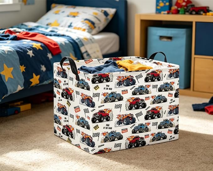 Rectangular Baby Kids Storage Basket for Home Kitchen Girls Cute Toy Storage Bin Organizer Shelf Book Room Decor(Racing Truck)