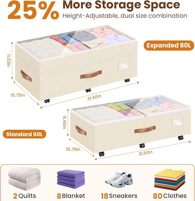 Budding Joy Under Bed Storage with Wheels 2Pack, 80L- Height Adjustable Underbed Containers with Clear Lids, Rolling Under Bed Shoe Storage Organizer for Dorm Home Clothes, Blankets, Toys, Beige