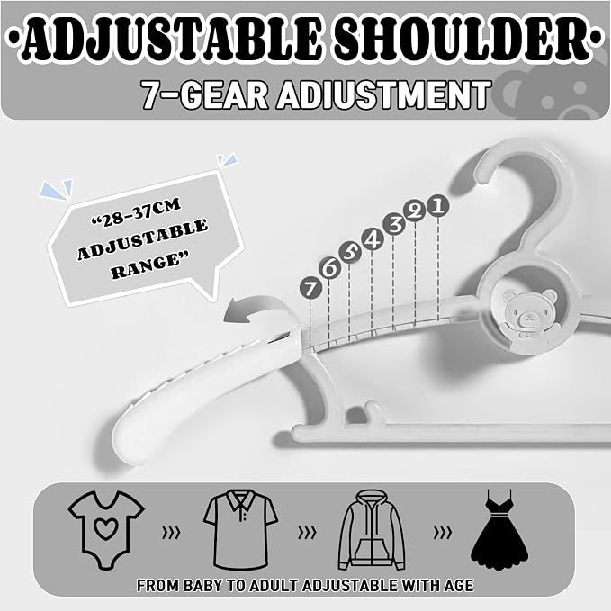 Baby Clothes Hangers 50 Pack, Plastic Kids Hangers Space Saving for Closet | Grey Hanger for Toddler Girl and Boy - Lightweight Anti-Slip Cascading Padded Extendable Adjustable Pant Bear Children Hangar