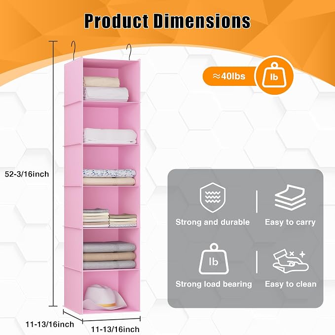 Hanging Closet Organizer 6-Shelf, Oxford Fabric Wardrobe Storage, Pink | Easy-mount foldable design holds clothes, handbags, shoes & accessories; washable Oxford fabric, sturdy and space-saving.