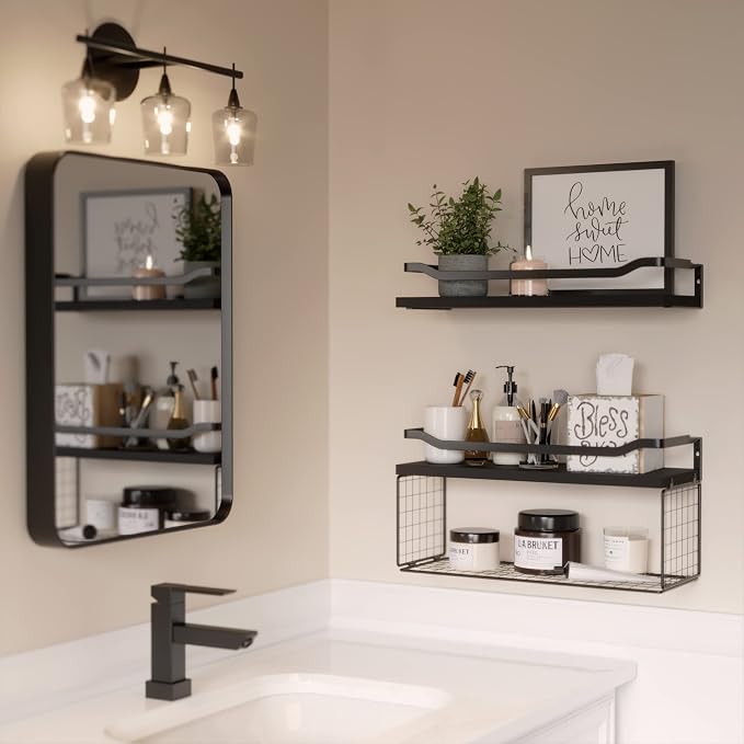 WOPITUES Floating Shelves with Wire Storage Basket, Bathroom Shelves Over Toilet with Protective Metal Guardrail, Wood Wall Shelves for Bathroom, Bedroom, Living Room, Toilet Paper-Black