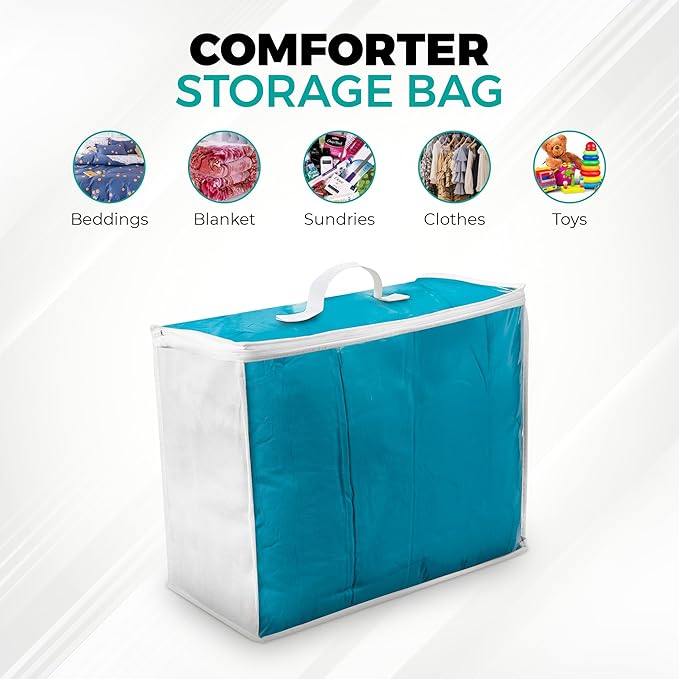 VitalUp 3 Pack Clear Plastic Storage Bags, Durable Zippered Storage Bags for Comforters, Blankets, Clothes, and Bedding - Breathable Nonwoven with Clear Front for Easy Organizing 20x20x8