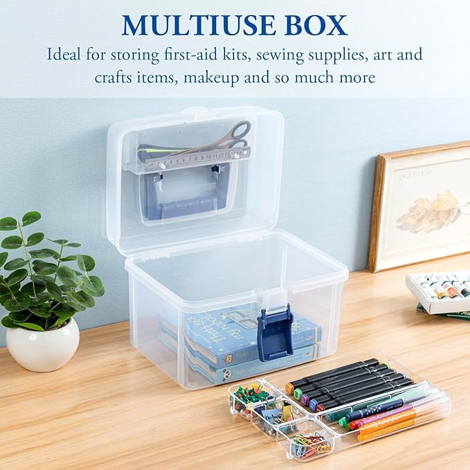 MyGift 10 Inch First Aid Clear Bin with Detachable Tray and Blue Quick Access Top Lid Flap, Portable Emergency Kit, Medical Supply Travel Tote, Medicine Storage Box Container (Navy)