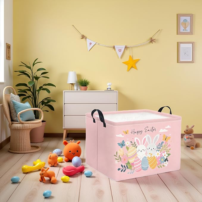 Rectangular Easter Basket for Home Kitchen Baby Girls Basket Cute Storage Bin Organizer Shelf Book Room Decor(Pink Easter)