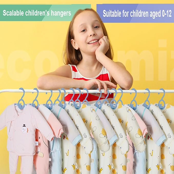 Baby Clothes Hangers 50 Pack, Plastic Kids Hangers Space Saving for Closet | Blue Hanger for Toddler Girl and Boy - Lightweight Anti-Slip Cascading Padded Extendable Adjustable Pant Bear Children Hangar
