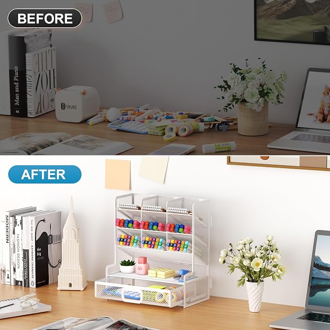 Marbrasse Larger Mesh Desk Organizer with Drawer, Multi-Functional Pen Pencil Holder, Easy Assembly, Desk Organizers and Accessories for Office Art Supplies (White) | Multi-Functional Pen Pencil Holder, Easy Assembly, For Office Art Supplies