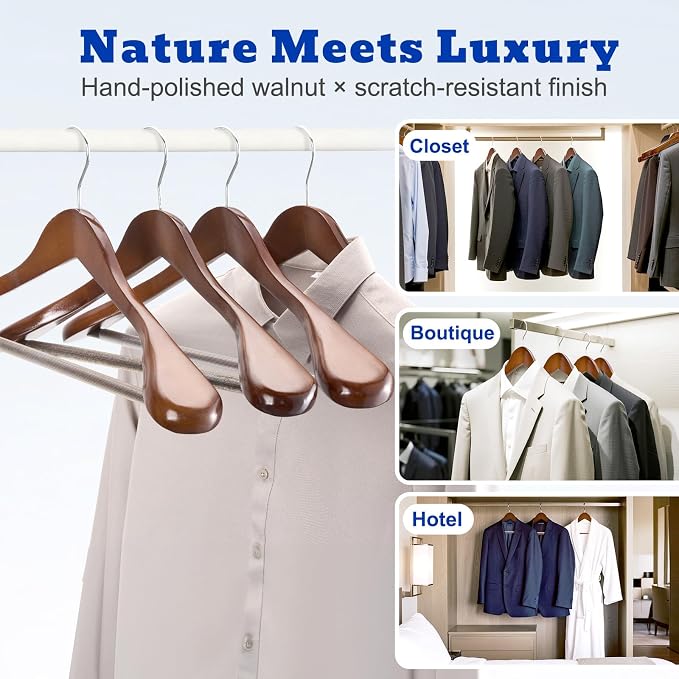 HOUSE DAY Wide Shoulder Wooden Hangers 12 Pack, Wood Suit Hangers for Men with Non Slip Pants Bar, Smooth Finish Solid Wood Coat Hanger for Jacket, Pants, Dress, Heavy Clothes Hanger (Walnut)
