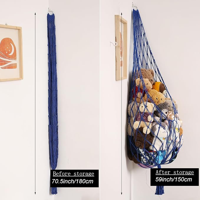 Amdermi Novel Stuffed Animal Hammock Corner Hanging Net for Stuff Aniaml Storage Macrame Toy Display Plush Toy Holder-Perfect for The Tiny Space Walls (blue, XXL)