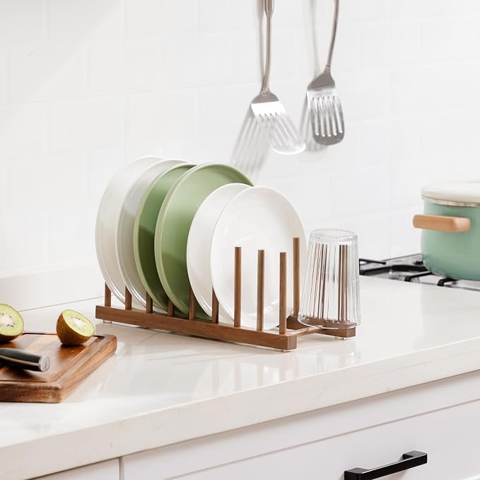HBlife 4pcs Acacia Wooden Dish Dying Rack Pot Lid Plate Organizer Holder for Cabinet, Cutting Board Stand Drainer Storage Plate Rack for Dish, Pot Lid, Bowl, Cup, Cutting Board and Books