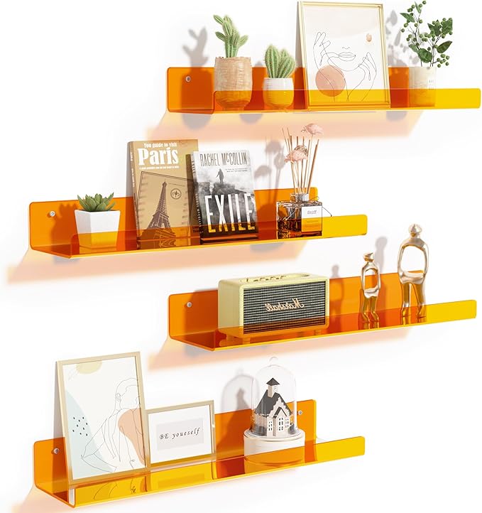 upsimples 4 Pcs 15" Acrylic Shelves for Wall Decor and Display, Orange | Cute Floating Shelf for Perfume, Skincare, Nail Polish, Wall Organizer for Bedroom, Living Room, Playroom, Room Décor