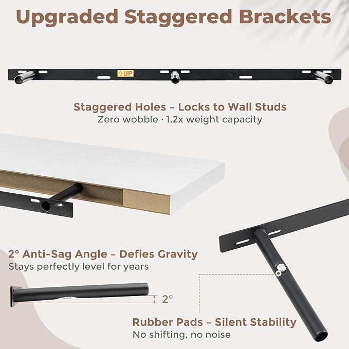 FLYJOE 48 Inch Floating Shelves for Wall Set of 2, 6.5" D Wood Grain Bathroom Shelves with Invisible Brackets, Easy Install Engineered Wood Storage Shelves for Kitchen, Living Room, Bedroom