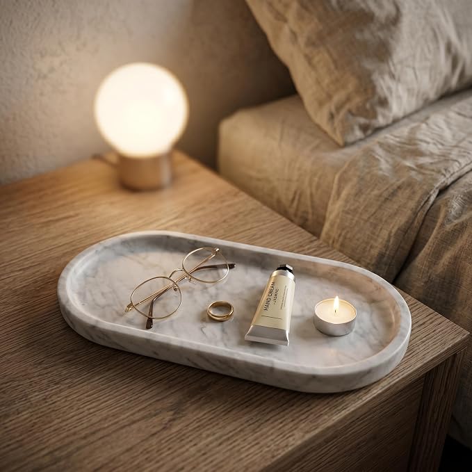 YKAJO Carrara White Gray Oval Marble Tray, 11.8x5.9 Perfume Organizer Dish | Honed natural stone; holds jewelry, rings, keys, candles, trinkets; for dresser, nightstand, bath counter