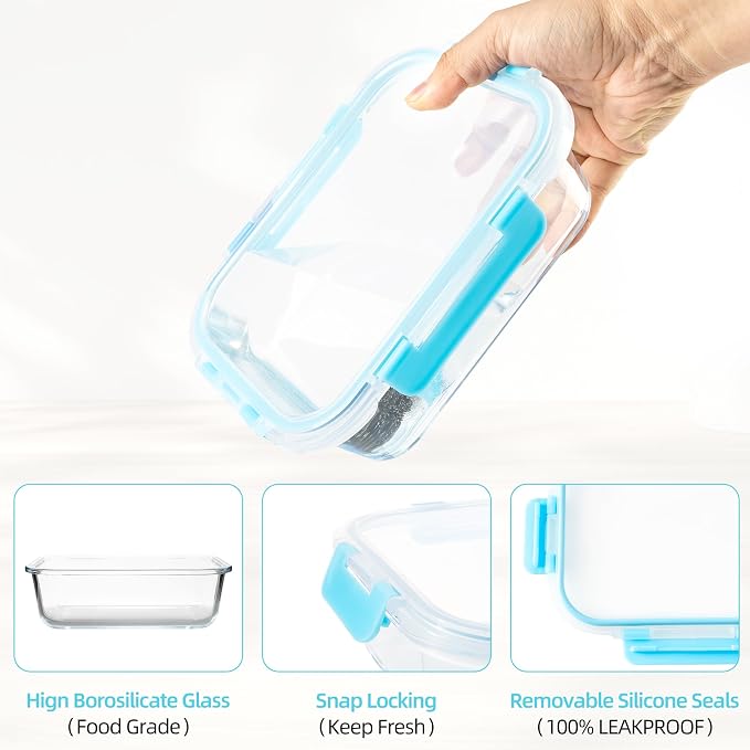 16Pack Glass Meal Prep Containers 8 Bowls with 8 Airtight Blue Lids 2 Sizes | Borosilicate glass food storage set for lunch, leftovers & portion control — microwave/freezer/dishwasher safe, leak-proof