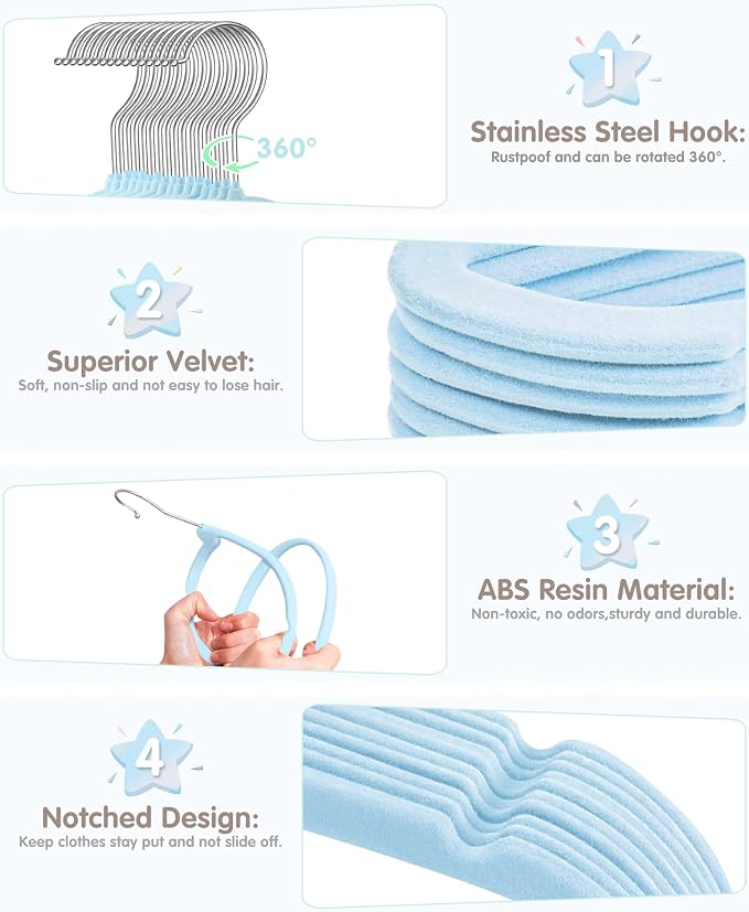 VIS'V Velvet Baby Hangers with 6 Pcs Size Dividers, 11 Inch, Blue, 50 Pcs | Compact Size, Non Slip, Infant Toddler Nursery Closet Organization