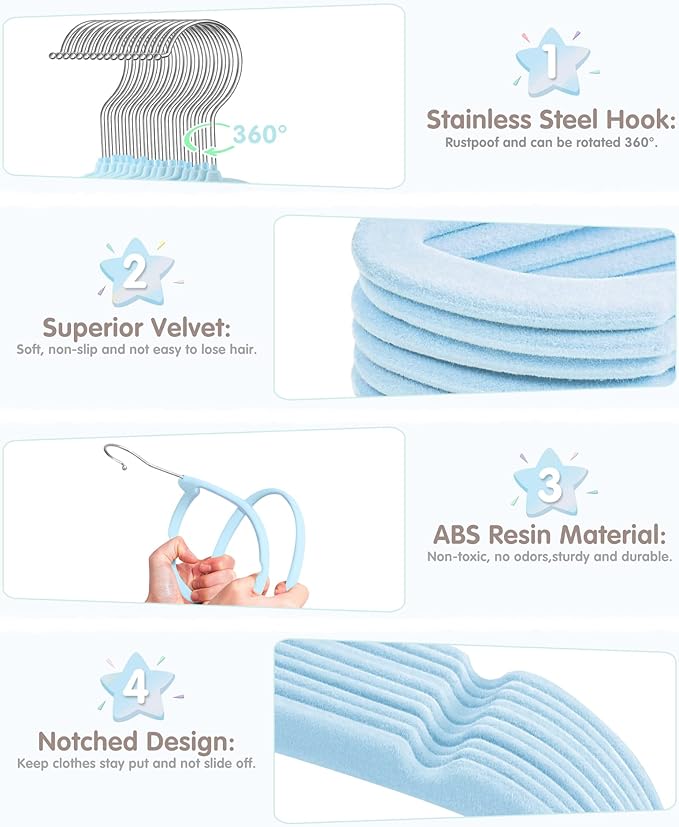 VIS'V Velvet Baby Hangers with 6 Pcs Size Dividers, 11 Inch, Blue, 30 Pcs | Compact Size, Non Slip, Infant Toddler Nursery Closet Organization