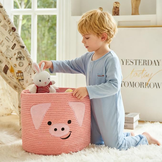 VK VK·LIVING Animal Baskets Large Woven Cotton Rope Storage with Cute Pig Design and Handles, Laundry Organizer for Towels, Blanket, Toys, Clothes, Gifts, Toy Box, Gift for Pet or Baby 15"D x 14"H