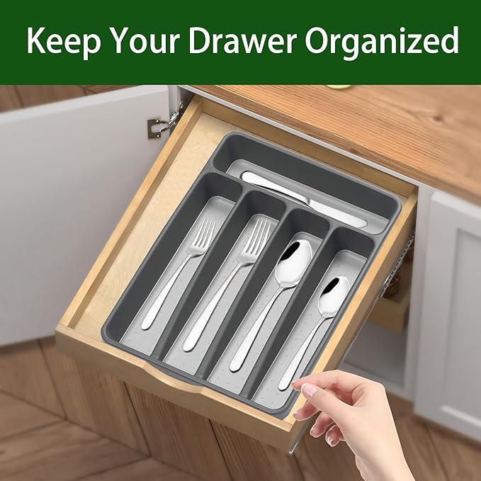 Loyareal Silverware Organizer Utenisl Organizer Holder Kitchen Drawer Organizer Plastic Silverware Tray for Drawer Flatware Organizer 5 Compartment Black