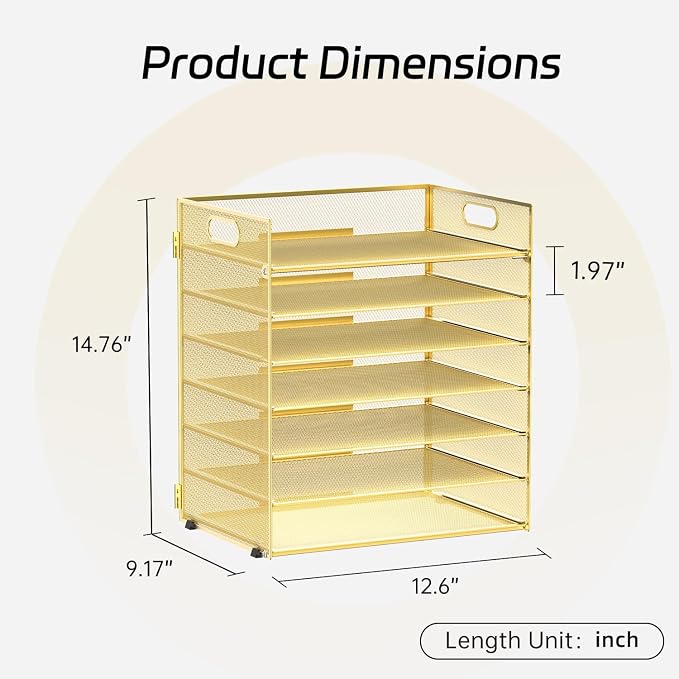 7 Tier Paper Organizer - Mesh Desktop File Holder with Handles for Office School Desk (Gold)