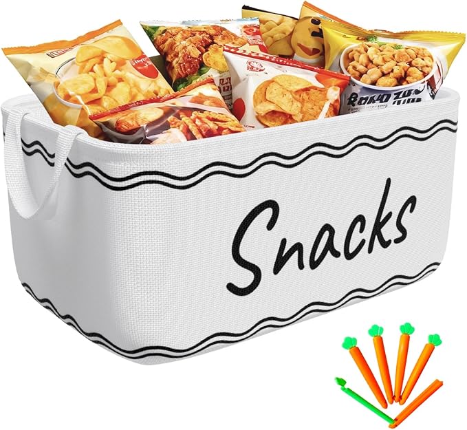 Snack Basket for Pantry & 5 Seal Clips - Snack Bin Organizer for Countertop - Imitation Linen Snack Storage Containers for Storing Chips, Pretzels, Cookies, Popcorn and more (1, White)