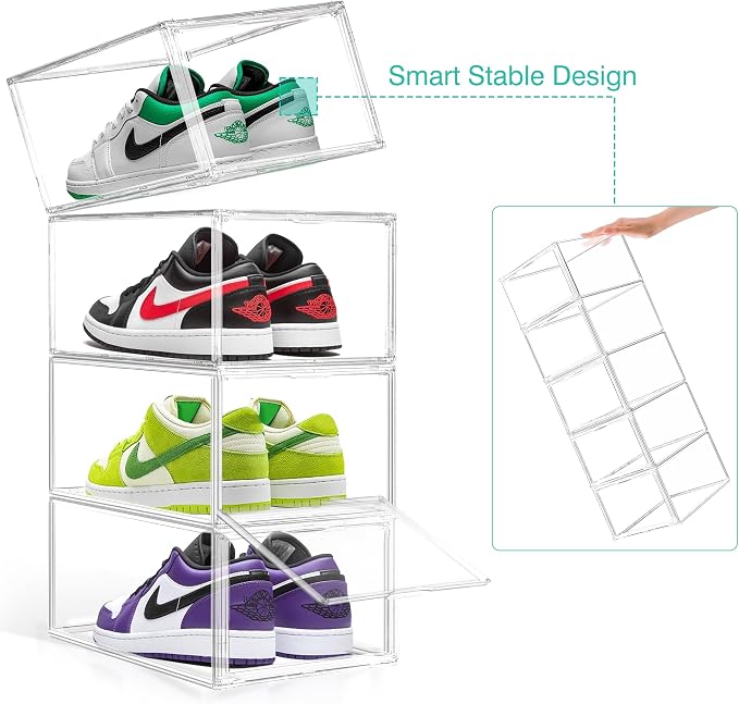1 Pack Drop-Front Clear Shoe Storage Box Acrylic Box Shoe Organizer Size 13, Stackable Shoe Tower with Magnetic Door Large Storage Bins for Sneaker Containers Display & Closet Organization
