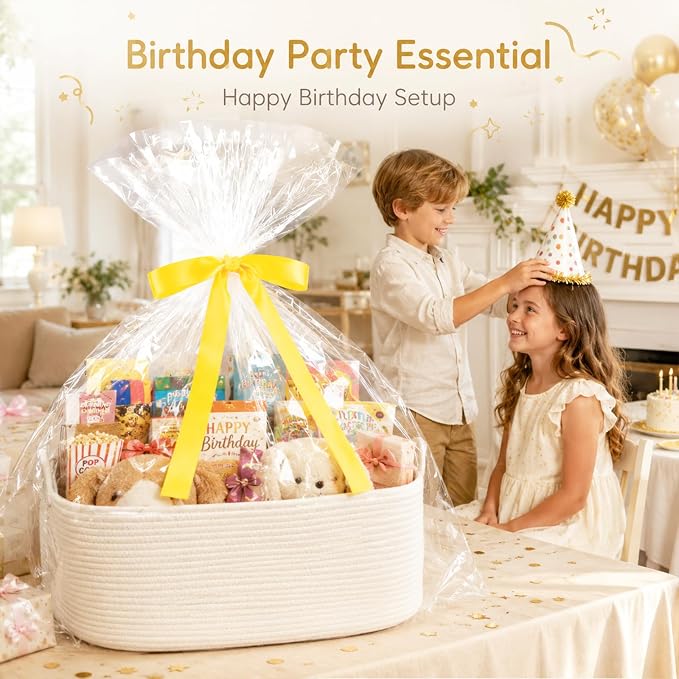 OIASKET Large Empty Cotton Rope Gift Basket with Handles, 18.9"x13.8"x7.8" Decorative Woven Storage Basket with Gift Bag and Ribbon Set for Baby Shower, Toy Organizer for Kids, Dogs & Cats - White