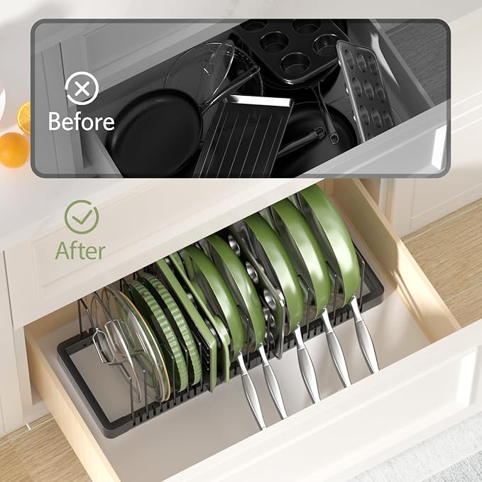 PanPanPal Pots and Pans Organizer under Cabinet, Expandable Pot Lid Organizer Holder with 14 Adjustable Compartment, Pan Organizers inside Cabinet for Lids, Bakeware, Kitchen Storage Pot Rack, Black