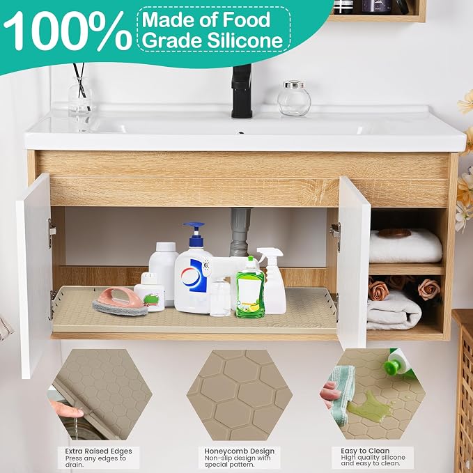 Waterproof Under Sink Mat 28" x 22", Silicone Cabinet Liner, Rubber Protector for Kitchen and Bathroom, Keeps Cabinets Clean, Dry, and Organized (Beige)