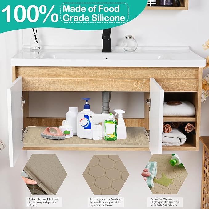 Waterproof Under Sink Mat 34" x 19", Silicone Cabinet Liner, Rubber Protector for Kitchen and Bathroom, Keeps Cabinets Clean, Dry, and Organized (Beige)
