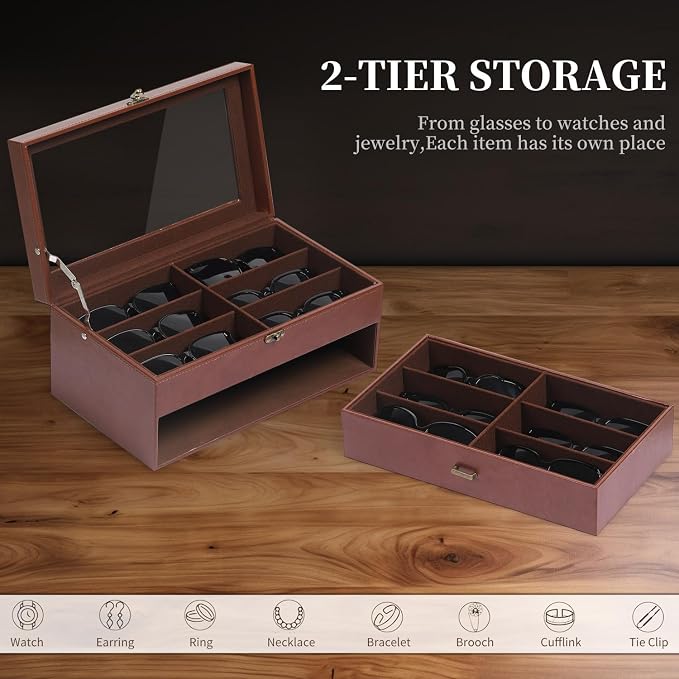 AUTOARK Leather & Velvet 12 Piece Eyeglasses Display Case,Coffee,AW-164 | Clear Lid,Storage and Sunglass Organizer,Drawer Lockable