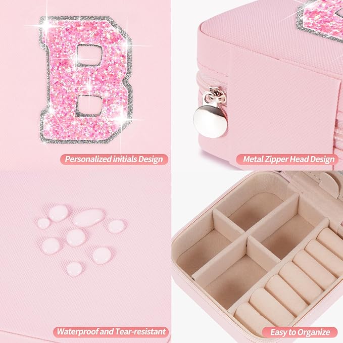 Uygafly Initials Travel Jewelry Case - Bridesmaid Gifts, Wedding Day, Bachelorette Party Decorations | Pink,B
