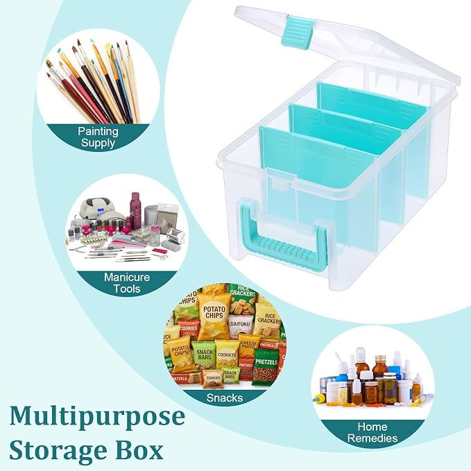 BTSKY Clear Plastic Dividing Storage Box with 4 Deep Compartments Adjustable Storage Bin with Lid Portable Craft Storage Container Multipurpose Sewing Box Art Supply Organizer, 13.9x7.9x6.2 Inches
