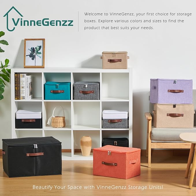 Storage Boxes with Zipper Lid Cotton Linen Fabric Lidded Storage Bins Baskets Foldable Washable Closet Shelf Clothes Organizer Container Faux Leather Handles (Black White, Small)