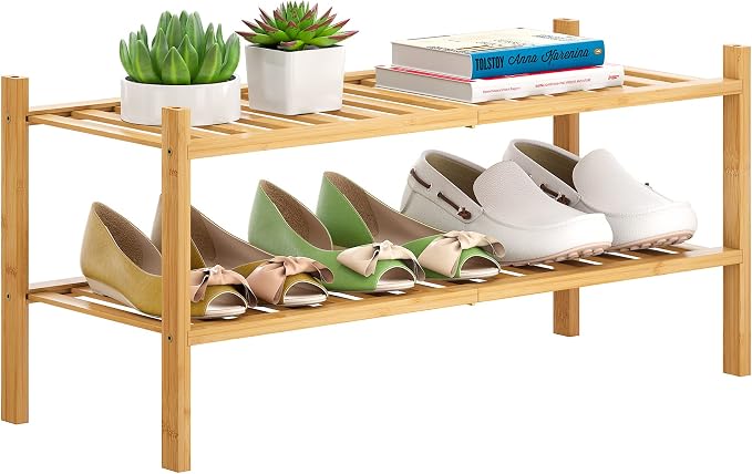 Bamboo Shoe Rack Stackable Shoe Shelf Storage Organizer for Unit Entryway Hallway and Closet Sturdy Freestanding Shoe Shelf(2 Tier Natural)
