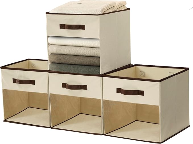 DECOMOMO Storage Bins, Cube Storage Bin with Window | 13x15x13", 6 Pack, Fabric Storage Cubes for Shelves (Beige)
