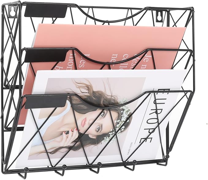 3 Tier Wall File Holder Organizer, Hanging File Organizer, Magazine Rack, Wall Mount Paper Folder Holder, with 5 Key Holder Hooks,Metal, Black