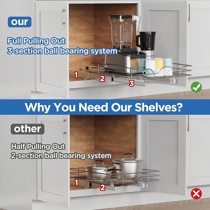 ROOMTEC Pull Out Cabinet Organizer - 14" W x 21" D, Slide Out Kitchen Cabinet Storage Shelves, Fits 15.5" Opening