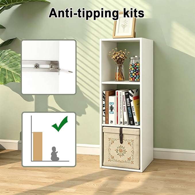 3 Cube Shelf with Anti-Tipping Kits + Reversible Open Back Bookcase, Multi Layer and Multi Grid Partition Layout (White 11in)