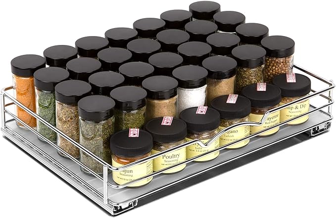 Pull-Out Cabinet Spice Rack Organizer, 14 ⅜"W x 10 ⅜"D x 2 ¾"H | Slim Slide-Out Storage for Spices, Bottles & Jars, Premium Heavy-Duty Steel, Easy Install for Narrow Kitchen Cabinets, Chrome