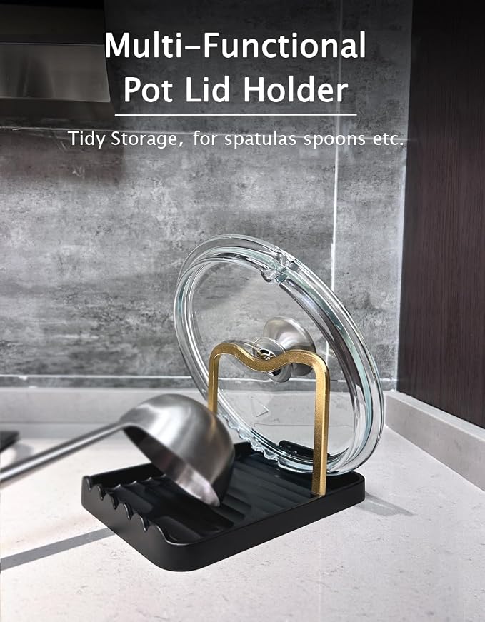 Anti-Rust Metal Spoon Rest with Lid Holder, Heat-Resistant Pot Lid Rest, Multifunctional Spatula Holder While Cooking for Stovetop and Kitchen Counter – Black Gold