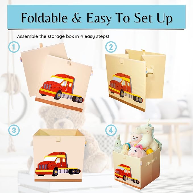 Washable Toy Organizers and Storage, Canvas Toy Chest Organizer Foldable Kids Toy Storage Organizers for Child's Bedroom or Playroom -13x13x13 Inch (Truck)
