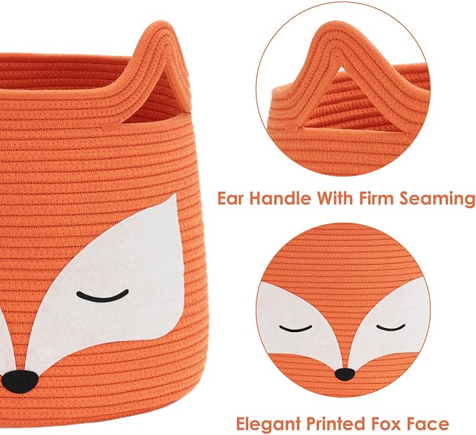 Fox Decor Basket, Nursery Basket for Baby Clothes, Toys, Laundry, Blanket, Cute Animal Storage Box, Large Woven Gift for Kids, Baby Showers-15.7"L x 11.8"H, Orange
