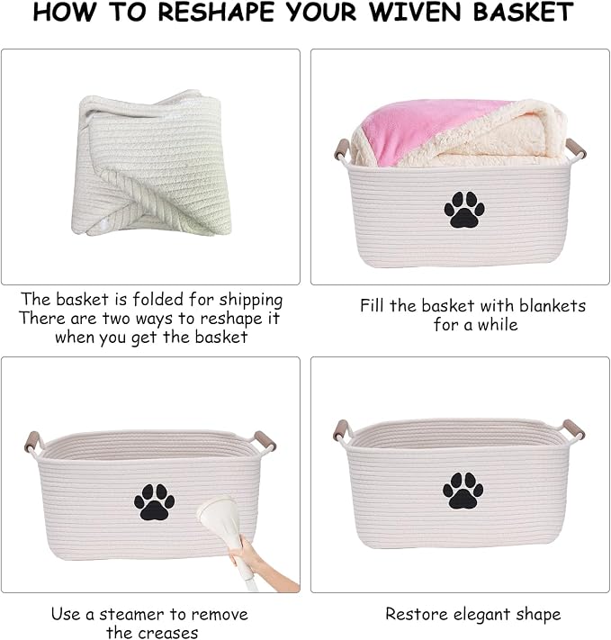 Geyecete dog toy basket Cotton Rope dog toy box with wood handle pet toy bin Blanket Storage Basket Decorative Clothes Hamper Basket Large Baskets