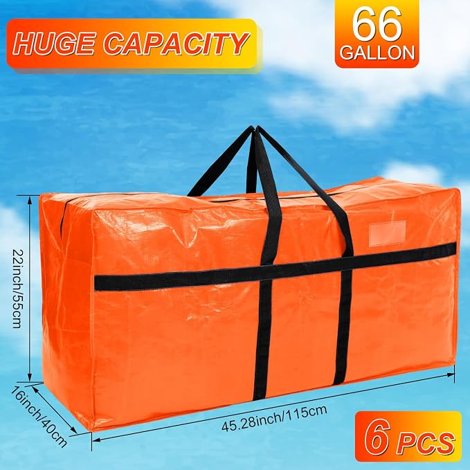 6 Pcs 66 Gallon Extra Large Moving Bags Heavy Duty Storage Bag with Strong Zipper Handle Foldable XXL Jumbo Storage Tote Packing Moving Box for College Dorm Travel Cloth Duffle (Orange)