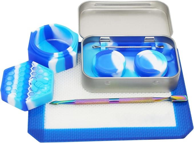 Silicone Wax Carving 5ml 26ml Hexagon Container Kit (Blue White) | with 5.2" Rainbow Tool and 5.9"×4.9" Mat