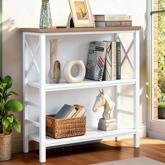 MNEETRUNG Book Shelf, Small 3-Tier Industrial Bookshelf with Strong Metal Frame & Backboard, 29.5" Short Bookcase for Small Spaces, Living Room, Bedroom and Home Office, White