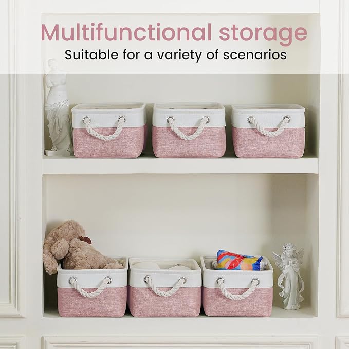 Storage Baskets for Shelves 11.8x7.9x5.2 Inch, Foldable Fabric Storage Bins with Handles, Small Storage Baskets for Organizing Closet, Office, Home Organization (6-Pack, White&Pink)