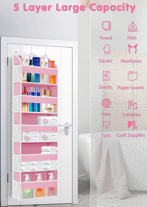 TAHAVICE 2 Pack Over the Door Storage Organizer with 5 Large Pockets | 44 lbs Weight Capacity & 10 Mesh Pockets Door Hanging Organizers and Storage for Bedroom,Bathroom,Nursery,Babyroom(Pink)
