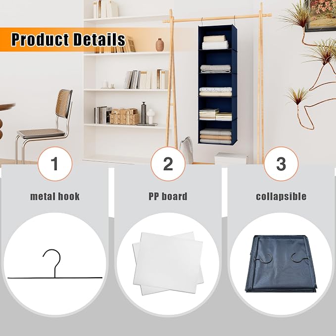 Hanging Closet Organizer 5-Shelf, Oxford Fabric Wardrobe Storage, Navy Blue | Easy-mount foldable design holds clothes, handbags, shoes & accessories; washable Oxford fabric, sturdy and space-saving.