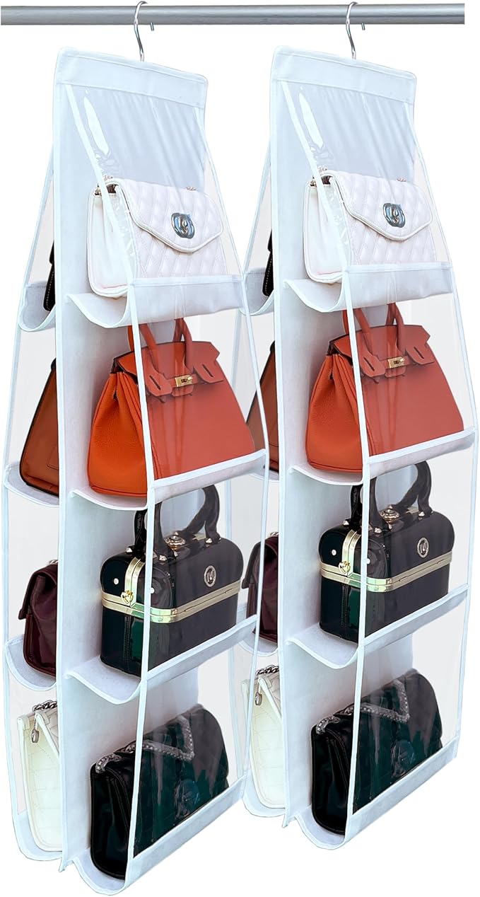 purse organizer, 2 Pack,purse organizer for closet, Upgrade Larger8 Pockets, hand bag storage organizer, thicken Metal Hooks, bag organizer, purse hanger，White